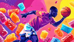 Illustration depicting an athlete with a variety of colorful freeze-dried candies, highlighting their energy-boosting and performance-enhancing benefits in sports like basketball and golf.