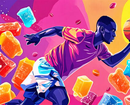 Illustration depicting an athlete with a variety of colorful freeze-dried candies, highlighting their energy-boosting and performance-enhancing benefits in sports like basketball and golf.