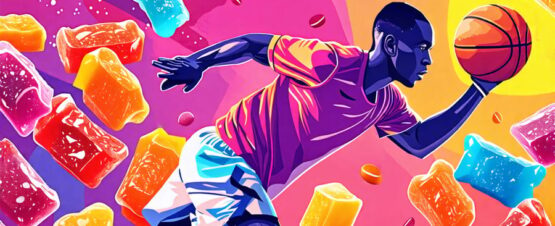 Illustration depicting an athlete with a variety of colorful freeze-dried candies, highlighting their energy-boosting and performance-enhancing benefits in sports like basketball and golf.