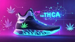 Futuristic sports gear infused with THCA elements, featuring cannabis-inspired designs and molecular patterns, symbolizing advancements in recovery and athletic performance.