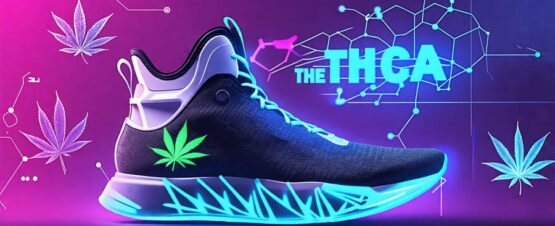 Futuristic sports gear infused with THCA elements, featuring cannabis-inspired designs and molecular patterns, symbolizing advancements in recovery and athletic performance.