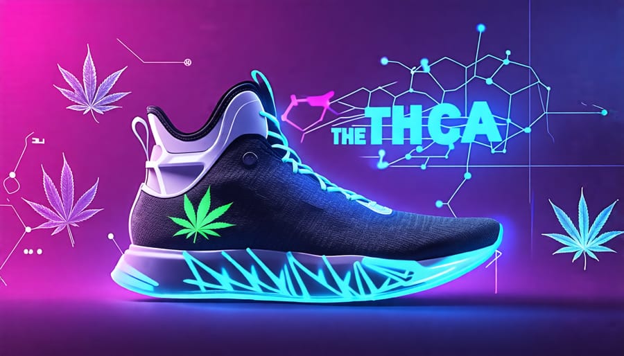 Futuristic sports gear infused with THCA elements, featuring cannabis-inspired designs and molecular patterns, symbolizing advancements in recovery and athletic performance.